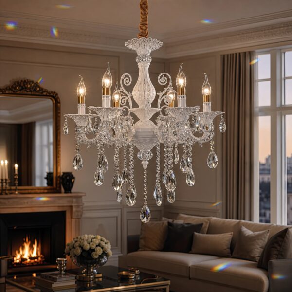 Candelabru SANSSOUCI 6xE14 Cristal si Metal – Design Clasic, Alb Argintiu