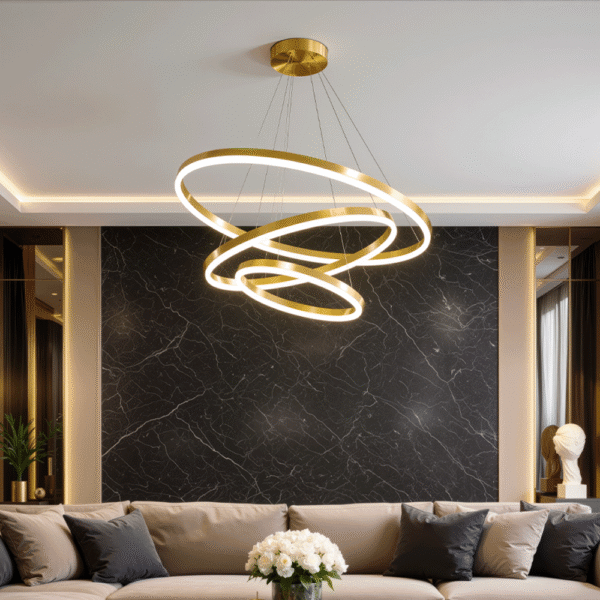 Lustra LED suspendata cu telecomanda ELIZABETH, 85W, 3 Cercuri, lumina Rece/Calda/Neutra, Dimabila, Auriu Lucios, Inaltime Reglabila