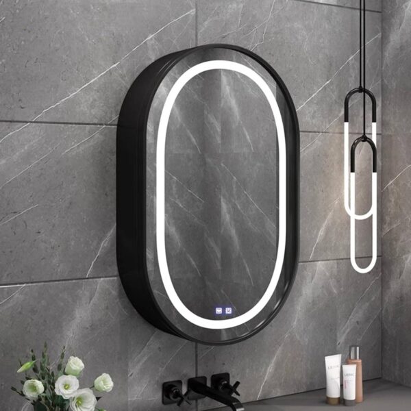 Oglinda LED cu Dulap, Ovala, 50x80cm, Dezaburire, Lumina Rece/Calda/Neutra, Rama Neagra, Spatiu de Depozitare