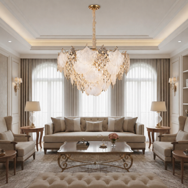 Candelabru Cristal LUXE Regalis, 21xE14, Diametru 80cm, Inaltime 45cm, Auriu Lucios, Inaltime Reglabila, Design Elegant