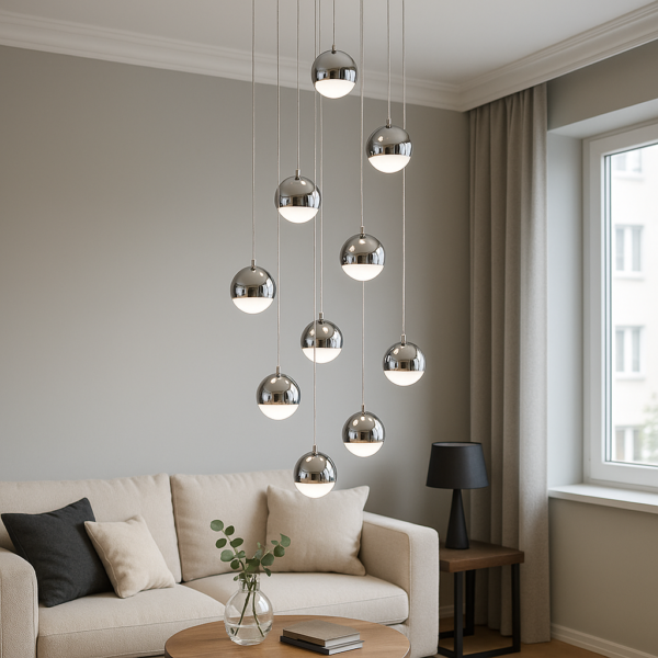 Lustra LED suspendata cu telecomanda JEREMIAS 132W, 10 Elemente, lumina Rece/Calda/Neutra, Dimabila, Argintiu