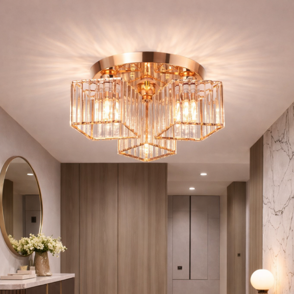 Lustra Clasica Moderna Sasha, LC117/3GD, 3x E27, Metal si Cristal, Auriu, Abajur