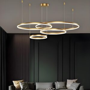 Lustra LED suspendata cu telecomanda LT813/4GD 139W, 4 Cercuri, lumina Rece/Calda/Neutra, Dimabila, Auriu, Inaltime Reglabila