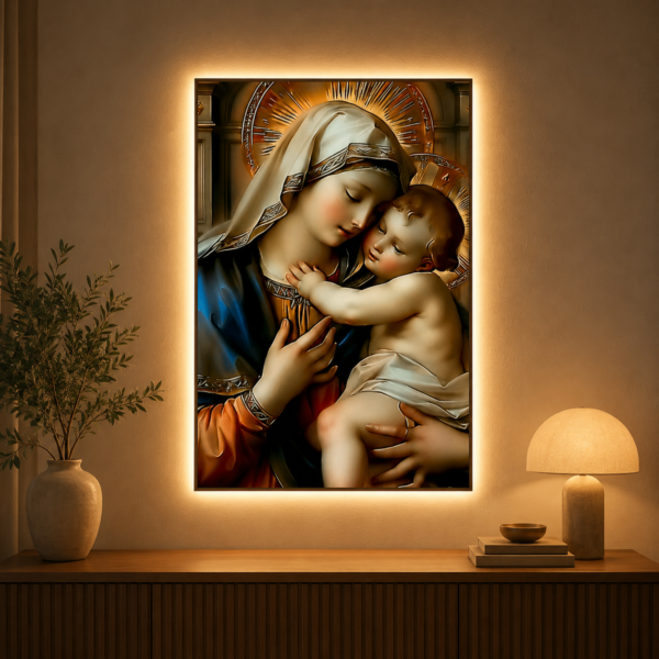 Tablou Sticla cu iluminare LED Inima Sacra a lui Iisus, 60 x 80 cm, 24W, Lumina Neutra, Aliaj de Aluminiu si MDF