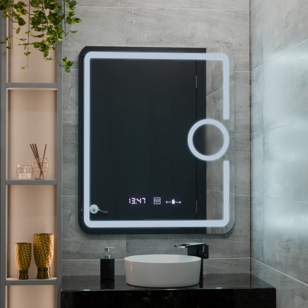 Oglinda LED Rectangulara, 60x80cm, Eclat MotionGlow Marcello, Ceas & Termometru, Sistem Dezaburire, Lupa Cosmetica, Dimabila
