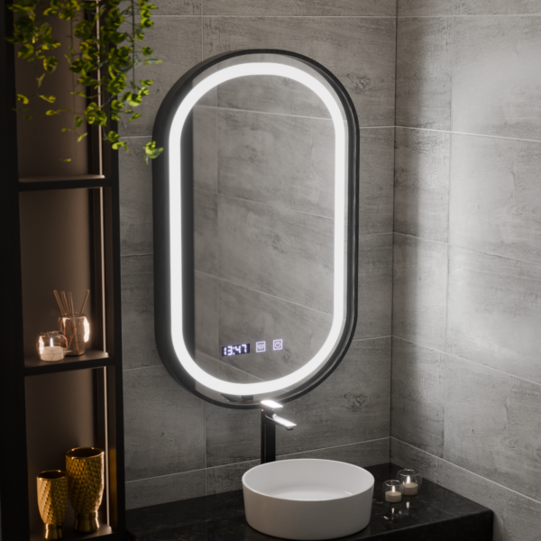 Oglinda LED Touch Helmut Sistem Dezaburire, Ceas si Temperatura 50x80 cm Rama Negru Brushed Marcello Funghi