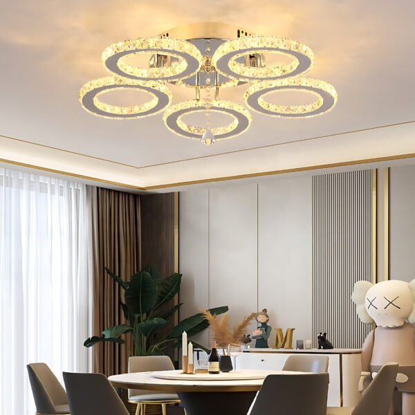 Lustra LED cu telecomanda si cristal ALANUBIS 80W, 5 Cercuri, lumina Rece/Calda/Neutra, Dimabila, Crom Lucios