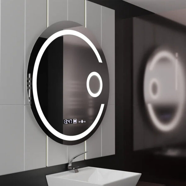 Oglinda LED Rotunda, 22W,  70cm, Visio MotionGlow Marcello, Sistem Dezaburire, Ceas & Termometru, Lupa Cosmetica, Dimabila